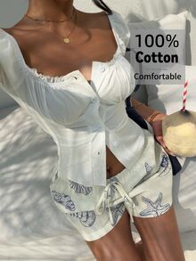 Aloruh Women's Blue & White Shell Print Shorts, Beige, Summer, Casual, Beach, Holiday Vacation , Boho Tropical, Comfortable Drawstring - Blue - View 6