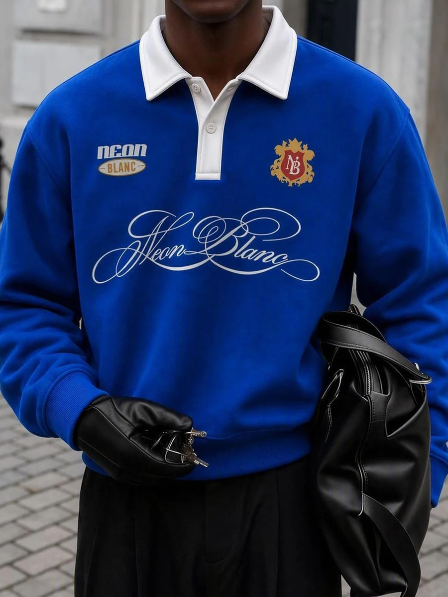 Mainfolk Men's Casual Streetwear Blue And White Striped Pullover Sweatshirt With Embroidered Collar, Spring/Autumn, Standard Size School Teacher - Blue - View 1