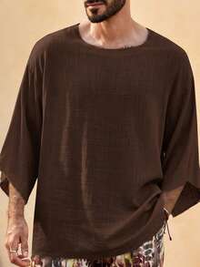 Mainfolk Manfinity VCAY Men's Casual Loose Woven Khaki Summer Vacation T-Shirt, Textured Crinkle Raw Edge Frayed Hem Drop Shoulder Half Sleeve Boho Top, - Coffee Brown - View 4
