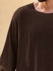 Mainfolk Manfinity VCAY Men's Casual Loose Woven Khaki Summer Vacation T-Shirt, Textured Crinkle Raw Edge Frayed Hem Drop Shoulder Half Sleeve Boho Top, - Coffee Brown - View 7