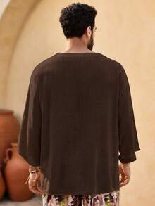 Mainfolk Manfinity VCAY Men's Casual Loose Woven Khaki Summer Vacation T-Shirt, Textured Crinkle Raw Edge Frayed Hem Drop Shoulder Half Sleeve Boho Top, - Coffee Brown - View 5