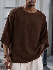 Mainfolk Manfinity VCAY Men's Casual Loose Woven Khaki Summer Vacation T-Shirt, Textured Crinkle Raw Edge Frayed Hem Drop Shoulder Half Sleeve Boho Top, - Coffee Brown - View 2