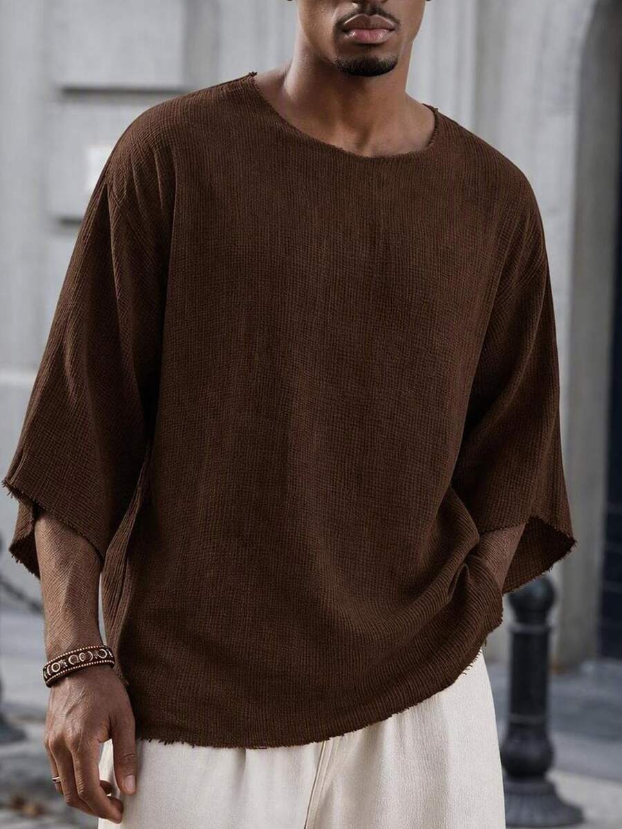 Mainfolk Manfinity VCAY Men's Casual Loose Woven Khaki Summer Vacation T-Shirt, Textured Crinkle Raw Edge Frayed Hem Drop Shoulder Half Sleeve Boho Top,