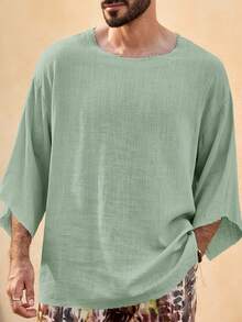 Mainfolk Manfinity VCAY Men's Casual Loose Woven Khaki Summer Vacation T-Shirt, Textured Crinkle Raw Edge Frayed Hem Drop Shoulder Half Sleeve Boho Top, - Green - View 3