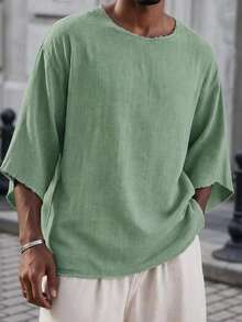 Mainfolk Manfinity VCAY Men's Casual Loose Woven Khaki Summer Vacation T-Shirt, Textured Crinkle Raw Edge Frayed Hem Drop Shoulder Half Sleeve Boho Top, - Green - View 2