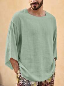 Mainfolk Manfinity VCAY Men's Casual Loose Woven Khaki Summer Vacation T-Shirt, Textured Crinkle Raw Edge Frayed Hem Drop Shoulder Half Sleeve Boho Top, - Green - View 6