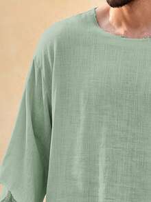 Mainfolk Manfinity VCAY Men's Casual Loose Woven Khaki Summer Vacation T-Shirt, Textured Crinkle Raw Edge Frayed Hem Drop Shoulder Half Sleeve Boho Top, - Green - View 5