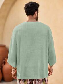 Mainfolk Manfinity VCAY Men's Casual Loose Woven Khaki Summer Vacation T-Shirt, Textured Crinkle Raw Edge Frayed Hem Drop Shoulder Half Sleeve Boho Top, - Green - View 4