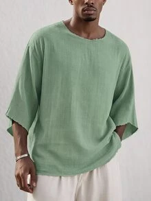 Mainfolk Manfinity VCAY Men's Casual Loose Woven Khaki Summer Vacation T-Shirt, Textured Crinkle Raw Edge Frayed Hem Drop Shoulder Half Sleeve Boho Top, - Green - View 1