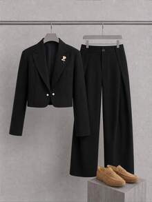 Mainfolk Men's Lapel NeckLong Sleeve Blazer And Pants Casual Elegant Suit Set Wedding Formal Black - Black - View 3