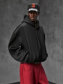 NEON BLANC Men's Casual Versatile Solid Color Hoodie, Vintage Y2K Baggy Streetwear, For Holiday - Black - View 3