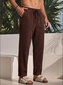 HIMLAND Men's Woven Fashion Modest Casual Business Vacation Solid Color Long Pants Dark Brown Autumn - Brown - View 1