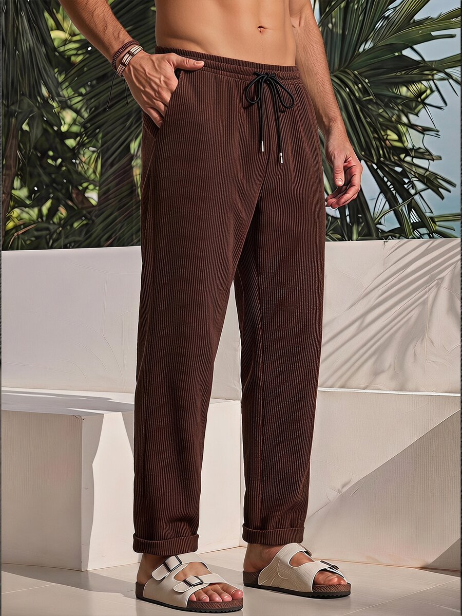 HIMLAND Men's Woven Fashion Modest Casual Business Vacation Solid Color Long Pants Dark Brown Autumn - Brown - View 1