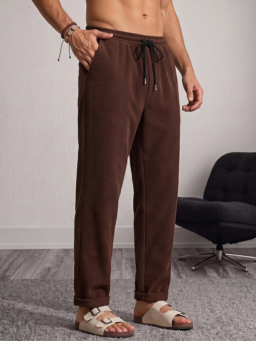 HIMLAND Men's Woven Fashion Modest Casual Business Vacation Solid Color Long Pants Dark Brown Autumn - Brown - View 1