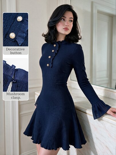 Modelyn Women's Blue Knit Textured Long Sleeve Ruffle Hem Button-Up Cinched Waist A-Line Elegant Romantic Dress