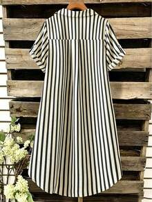 EMERY ROSE New V-Neck Striped Loose Casual Long Button-Down Women's Dress - Black - View 2