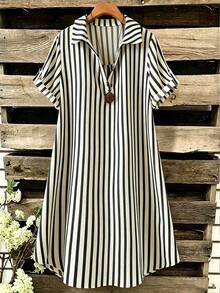 EMERY ROSE New V-Neck Striped Loose Casual Long Button-Down Women's Dress - Black - View 3
