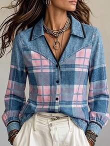 SHEIN 女款格紋牛仔效果印花單排扣長袖襯衫，簡約休閒復古早午餐風，藍色與粉色，秋季 - 藕粉色 - 查看 1