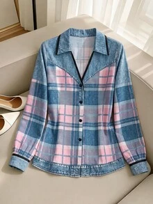 SHEIN 女款格紋牛仔效果印花單排扣長袖襯衫，簡約休閒復古早午餐風，藍色與粉色，秋季 - 藕粉色 - 查看 4