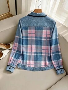 SHEIN 女款格紋牛仔效果印花單排扣長袖襯衫，簡約休閒復古早午餐風，藍色與粉色，秋季 - 藕粉色 - 查看 2