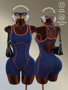 Mistrie Women's Casual Sports Fitness Yoga Backless Romper - Navy Blue - View 4