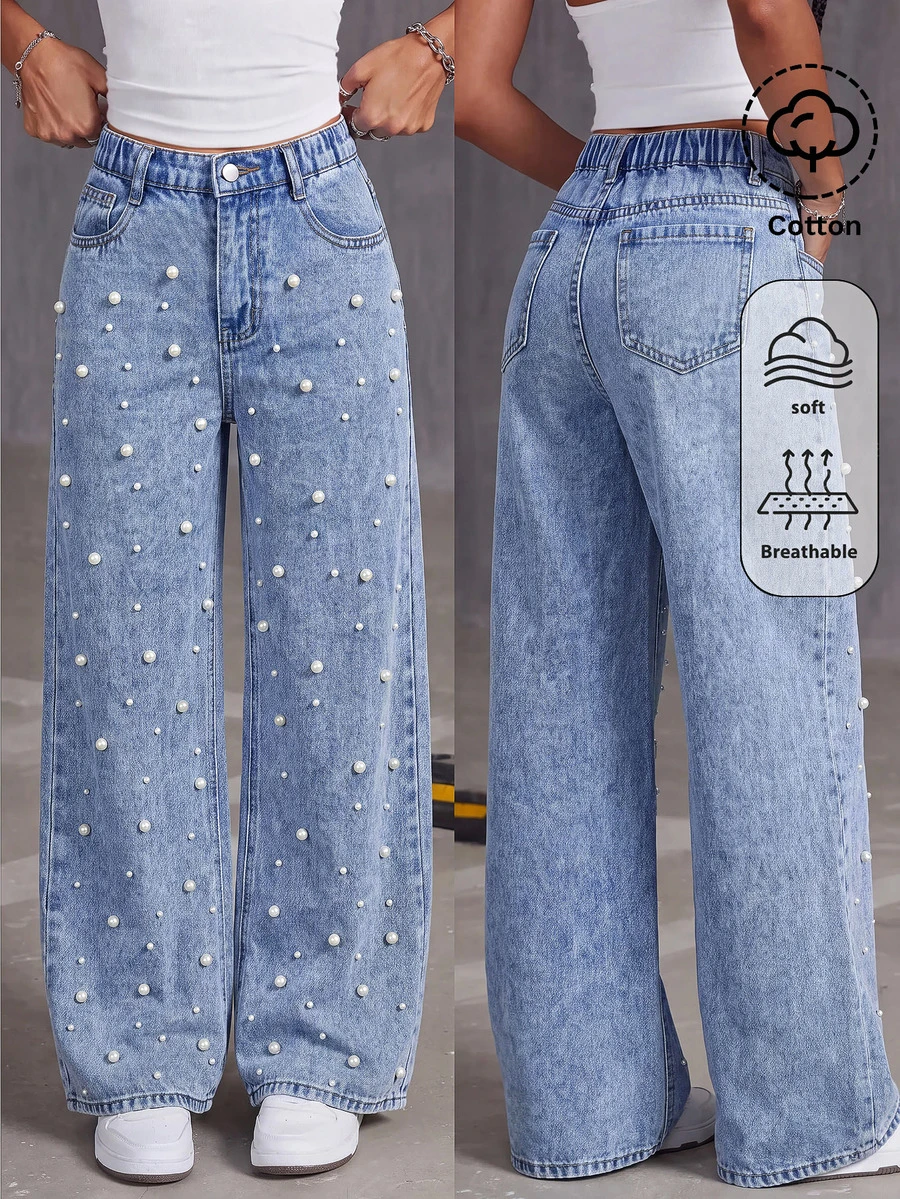 SHEIN Girls' White Beaded Blue Denim Loose Fit Long Pants - Blue - View 1