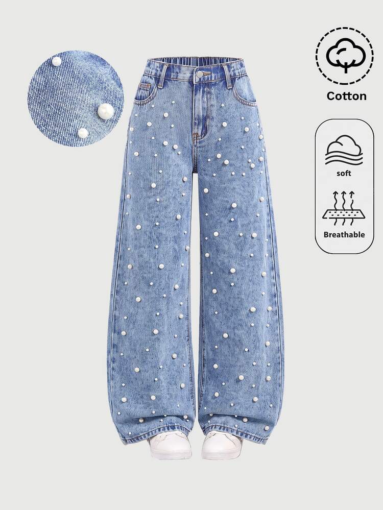 SHEIN Celana Panjang Longgar Denim Biru Putih Berhiaskan Manik-Manik untuk Anak Perempuan - Biru - View 3