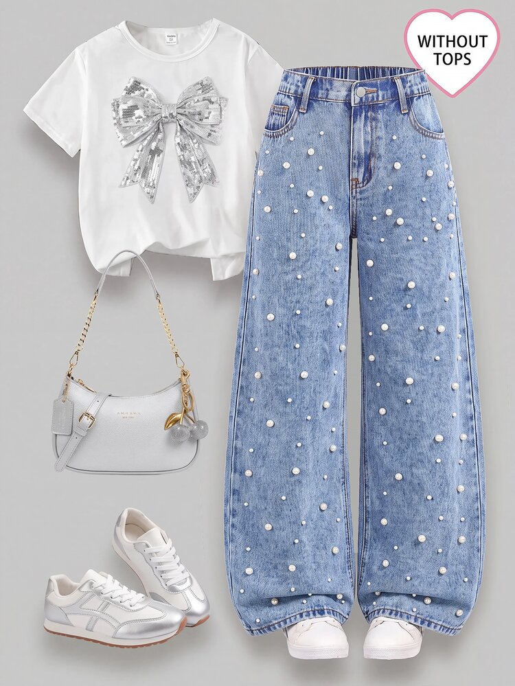 SHEIN Celana Panjang Longgar Denim Biru Putih Berhiaskan Manik-Manik untuk Anak Perempuan - Biru - View 1