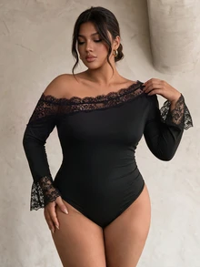 Firerie Plus Size Lace Patchwork Asymmetrical Collar Bodysuit - Black - View 6