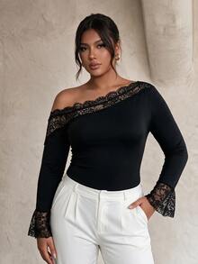 Firerie Plus Size Lace Patchwork Asymmetrical Collar Bodysuit - Black - View 4
