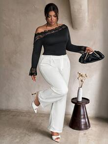 Firerie Plus Size Lace Patchwork Asymmetrical Collar Bodysuit - Black - View 3