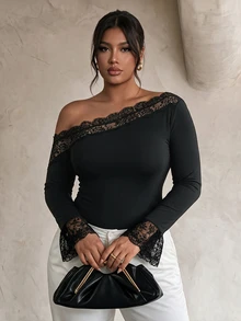Firerie Plus Size Lace Patchwork Asymmetrical Collar Bodysuit - Black - View 5