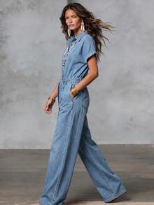 Everyssa Casual High Waist Blue Daily Stretchy Washed Comfortable Flattering Wear Denim Jumpsuit For Women - Medium Wash - View 3