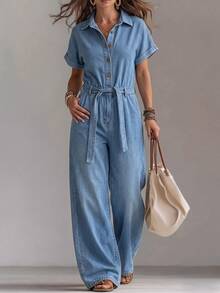 Everyssa Casual High Waist Blue Daily Stretchy Washed Comfortable Flattering Wear Denim Jumpsuit For Women - Medium Wash - View 1