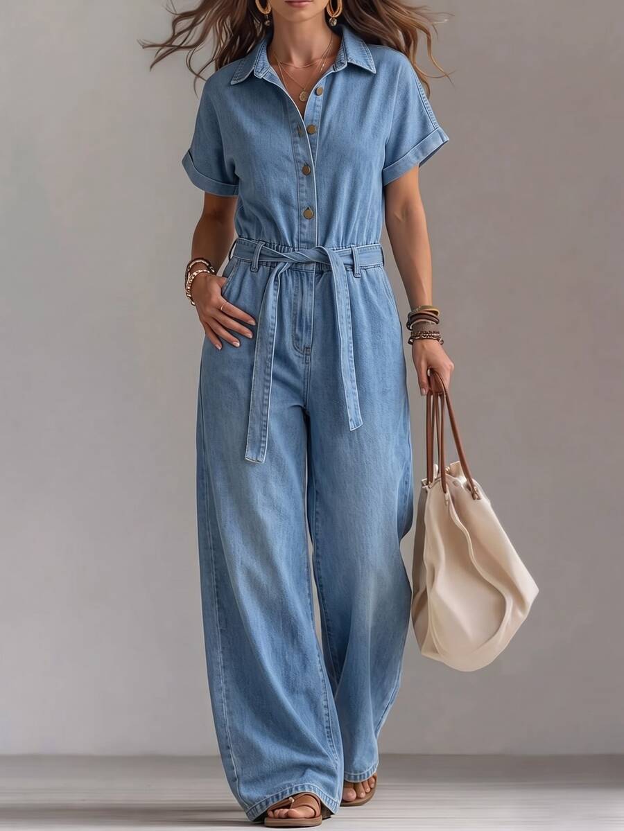 Everyssa Casual High Waist Blue Daily Stretchy Washed Comfortable Flattering Wear Denim Jumpsuit For Women - Medium Wash - View 1