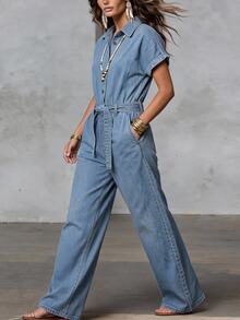 Everyssa Casual High Waist Blue Daily Stretchy Washed Comfortable Flattering Wear Denim Jumpsuit For Women - Medium Wash - View 4
