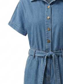Everyssa Casual High Waist Blue Daily Stretchy Washed Comfortable Flattering Wear Denim Jumpsuit For Women - Medium Wash - View 7