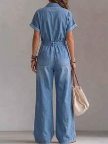 Everyssa Casual High Waist Blue Daily Stretchy Washed Comfortable Flattering Wear Denim Jumpsuit For Women - Medium Wash - View 2