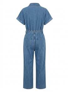 Everyssa Casual High Waist Blue Daily Stretchy Washed Comfortable Flattering Wear Denim Jumpsuit For Women - Medium Wash - View 6