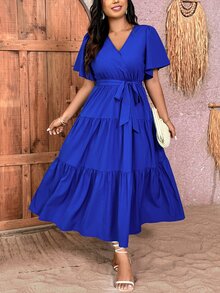 SHEIN Clasi Plus Size Women Summer Solid Color V-Neck Ruffled Short Sleeve Dress For Elegance - Royal Blue - View 5