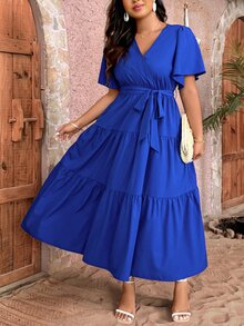 SHEIN Clasi Plus Size Women Summer Solid Color V-Neck Ruffled Short Sleeve Dress For Elegance - Royal Blue - View 4