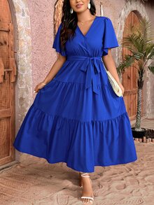 SHEIN Clasi Plus Size Women Summer Solid Color V-Neck Ruffled Short Sleeve Dress For Elegance - Royal Blue - View 3