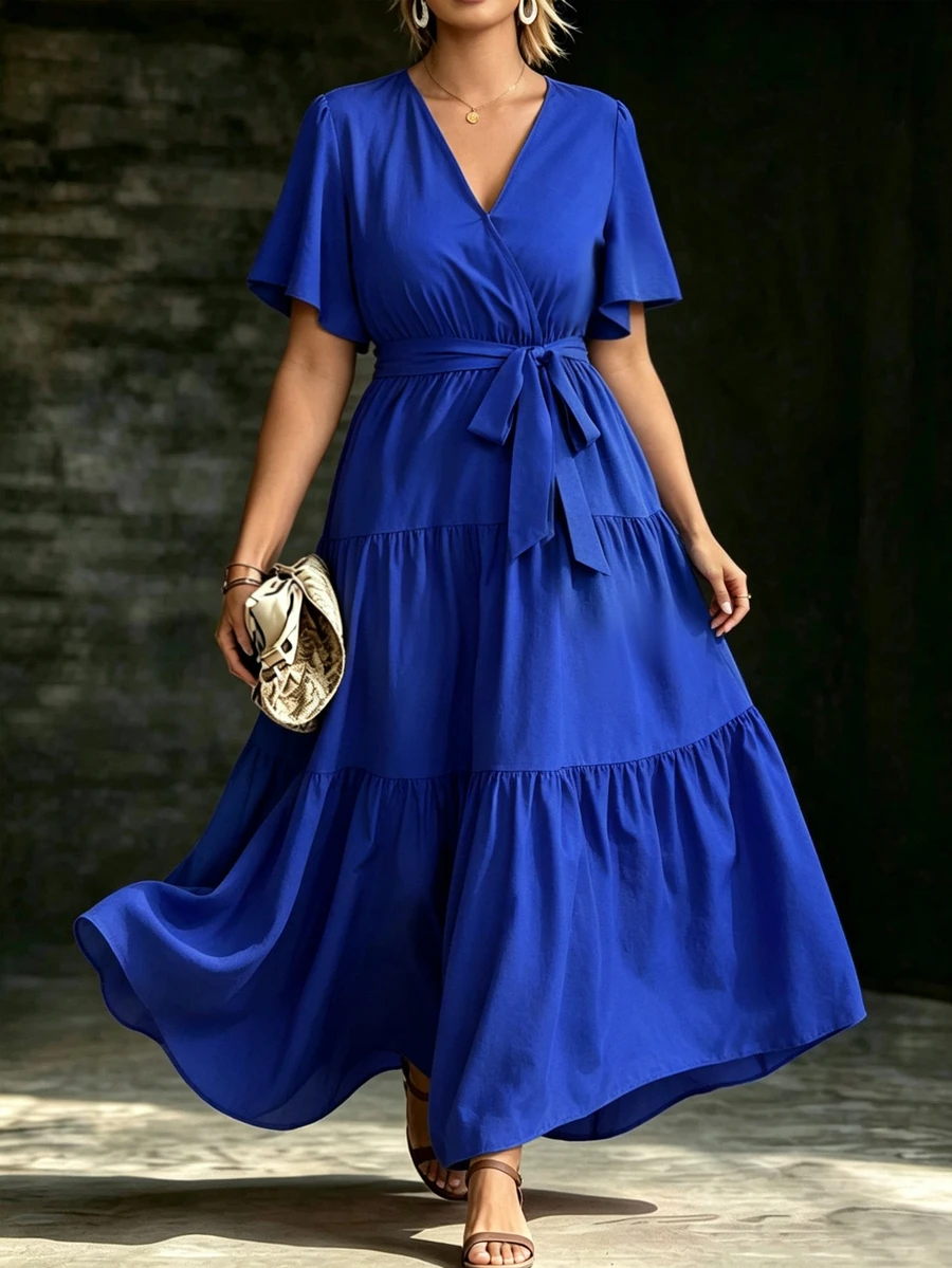 SHEIN Clasi Plus Size Women Summer Solid Color V-Neck Ruffled Short Sleeve Dress For Elegance - Royal Blue - View 1