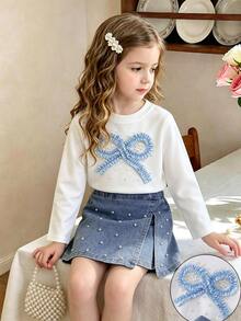 SHEIN Girls 2 Pieces Set, White Denim Blue Round Neck Long Sleeve Top, 3D Double-Layer Ruffle ...