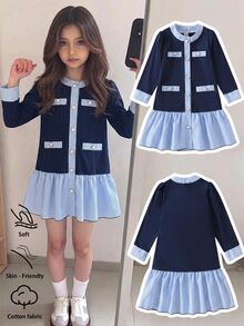 SHEIN Elladie kids Young Girl Striped Dress, Back To School, Outdoor, Daily, Vacation - Blue - View 1