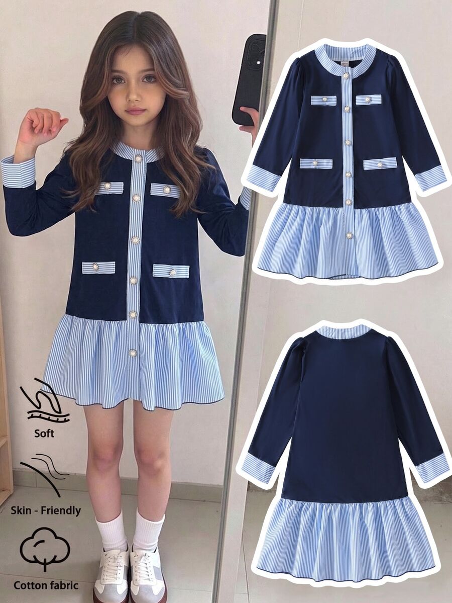 SHEIN Elladie kids Young Girl Striped Dress, Back To School, Outdoor, Daily, Vacation - Blue - View 1