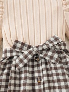 SHEIN Young Girl Bow Knit Plaid Puff Sleeve Dress, Daily, Vacation - Beige - View 5