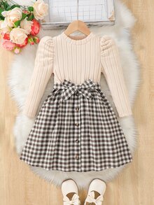 SHEIN Young Girl Bow Knit Plaid Puff Sleeve Dress, Daily, Vacation - Beige - View 7