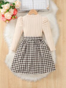 SHEIN Young Girl Bow Knit Plaid Puff Sleeve Dress, Daily, Vacation - Beige - View 2