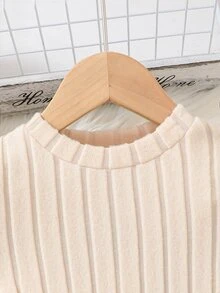 SHEIN Young Girl Bow Knit Plaid Puff Sleeve Dress, Daily, Vacation - Beige - View 4